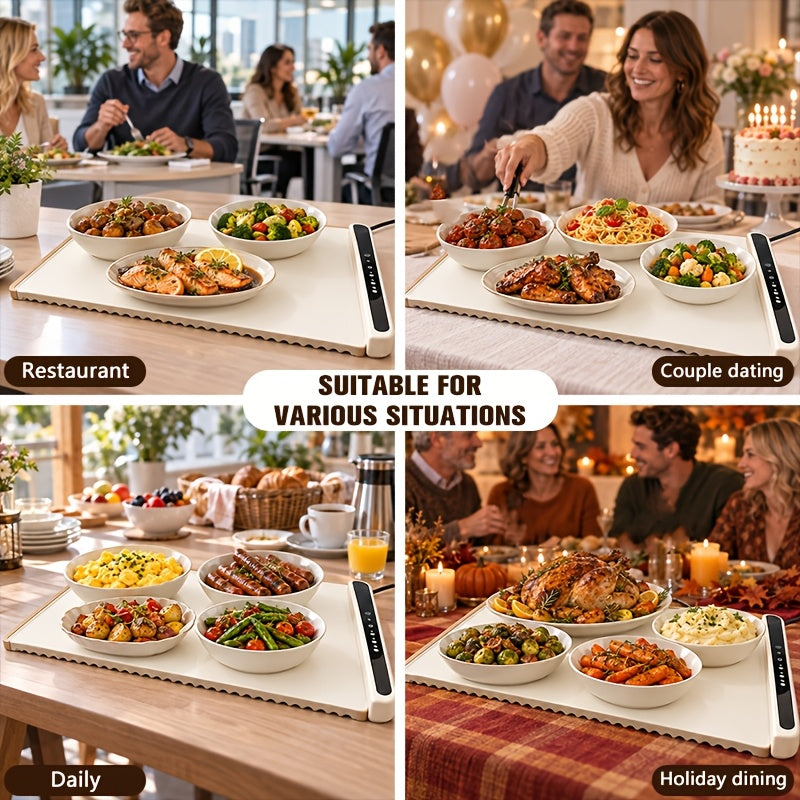 Plaque Chauffante Alimentaire, Chauffage Rapide, 3 Niveaux de Réglage, avec Minuteur et Écran LED, Pliable pour le Rangement, Plateau Chauffant Électrique, Coussin de Conservation des Aliments, Essentiel pour la Cuisine, Idéal pour les Réunions de Famille, les Fêtes et comme Cadeaux de Fêtes