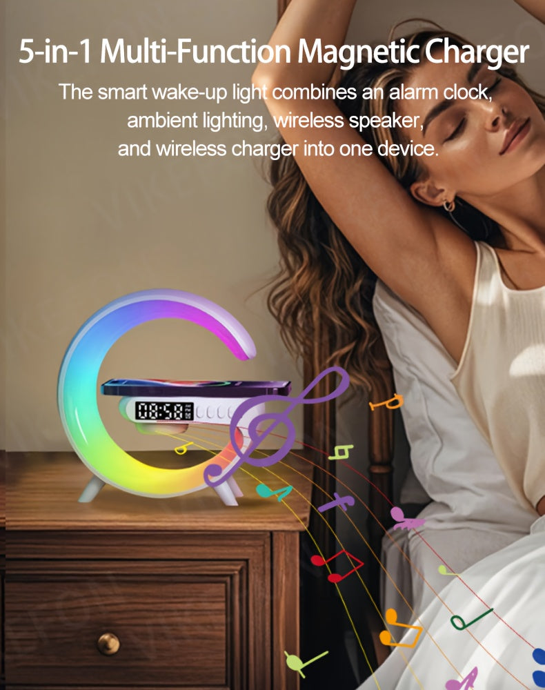 MINI Enceinte sans fil RGB multifonctionnelle, chargeur sans fil, support, radio-réveil FM