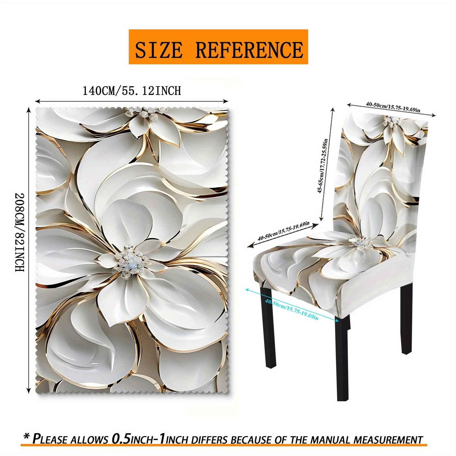 Open : Luxury Platinum Floral Gilded Line Tablecloth Chair Cover Printed 5/7pcs Set (1 Tablecloth + 4 Chair Covers / 1 Tablecloth + 6 Chair Covers) Simple And Noble Tablecloth Chair Cover, Exquisite Flower Pattern Stretch Cha