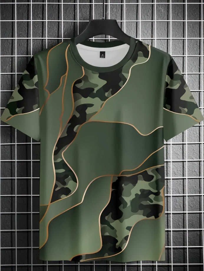 T-shirt à manches courtes et col rond à motifs géométriques et camouflage