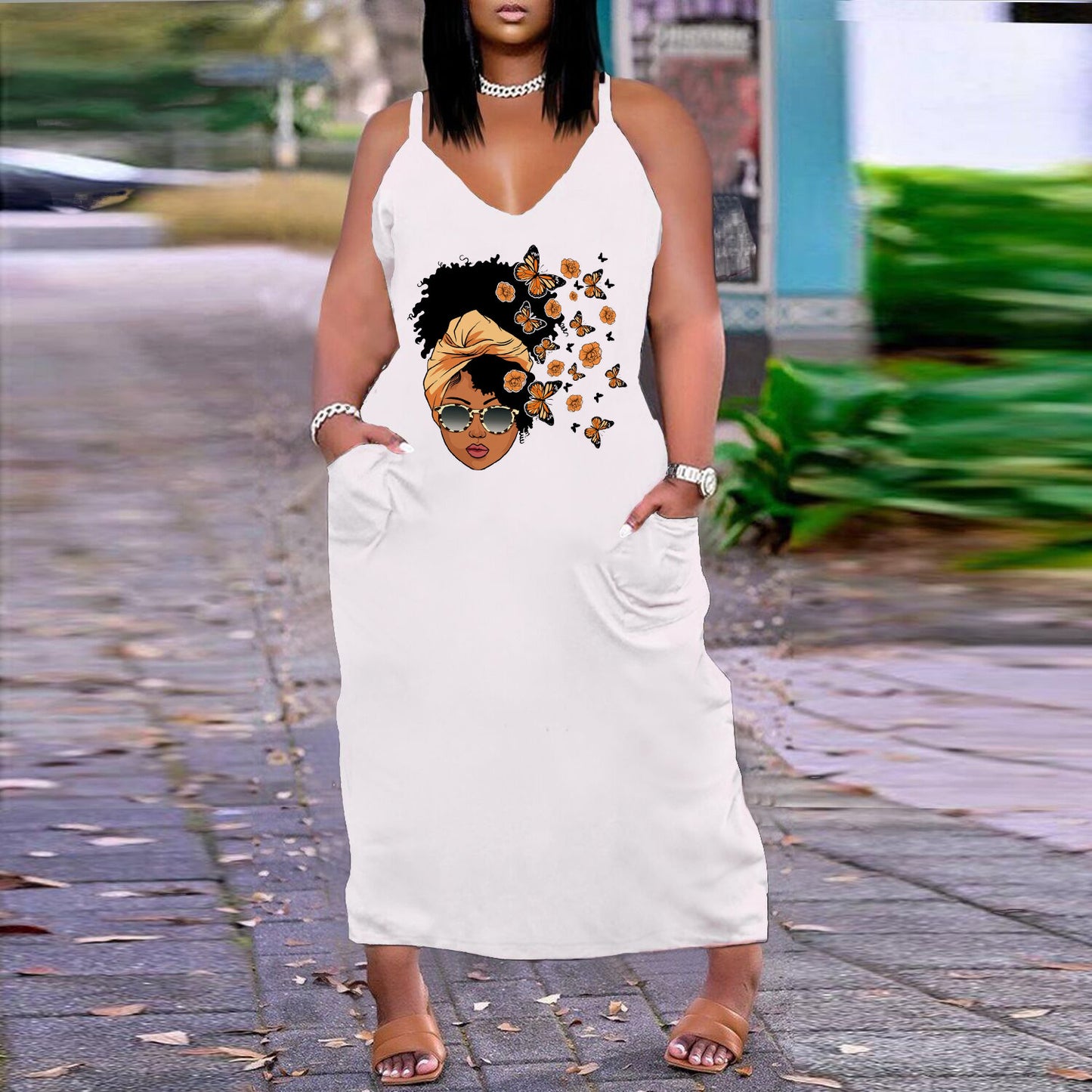 Robe imprimée sexy à col en V, coupe ample et ajustée, grande taille, style européen et américain