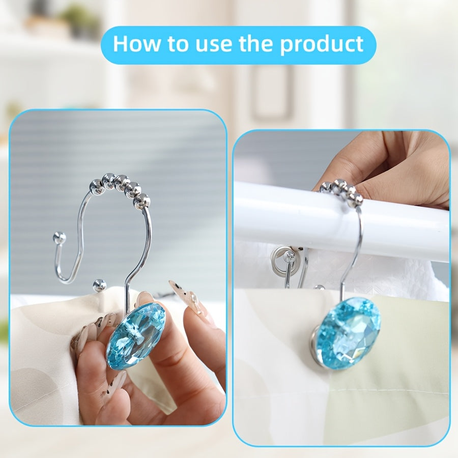 Lot de 12 crochets de rideau de luxe en acier inoxydable à paillettes bleues