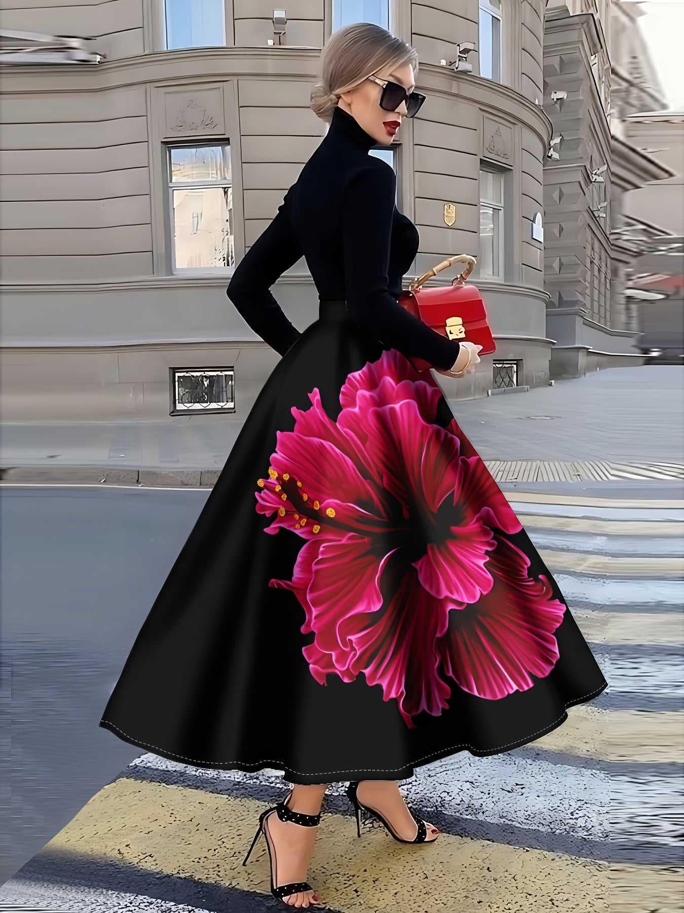 Jupe femme , fond noir quatre saisons avec motif de grandes fleurs