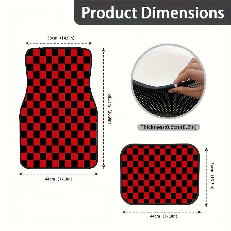 Lot de 4 tapis de sol rouges à carreaux pour voiture - Polyester résistant