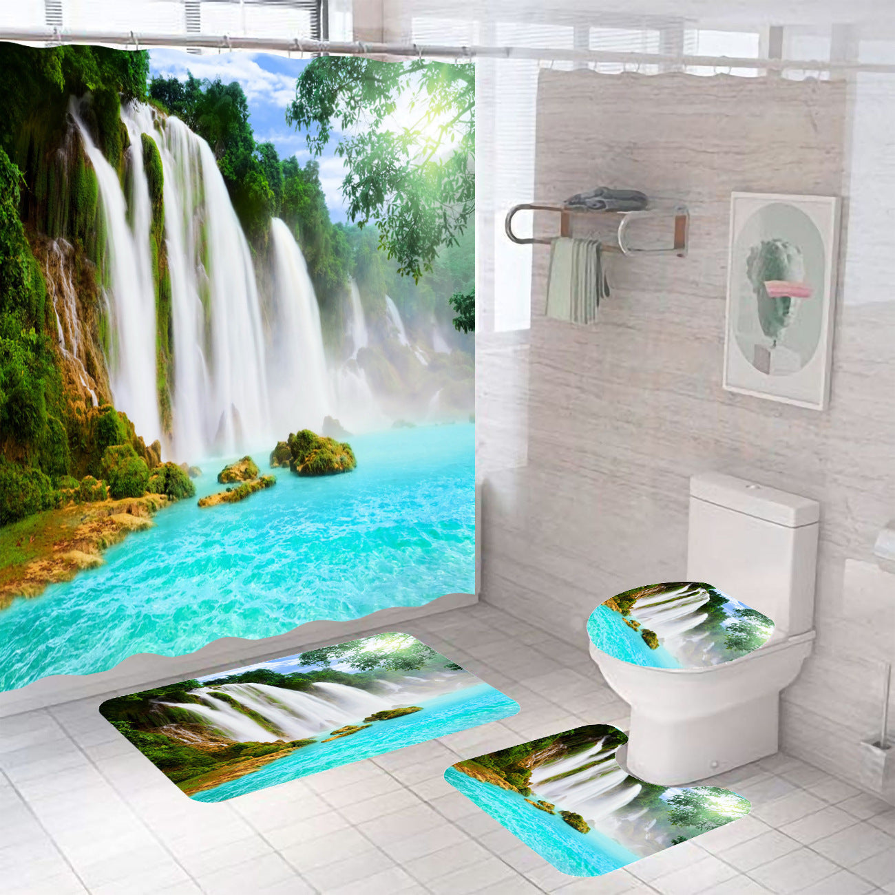 Rideau de douche de salle de bain avec tapis de sol et imprimé