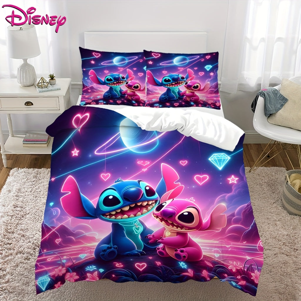 Stitch 3pcs Bedding Set, Cartoon Character Design, Soft Polyester 100, All-Season, Zipper Closure, Machine Washable, Digital Print, 90gsm - Includes Duvet Cover & 2 Pillowcases, Anime Theme Bedroom Decor, Valentine'S Day Gift - Topdecheztop.fr
