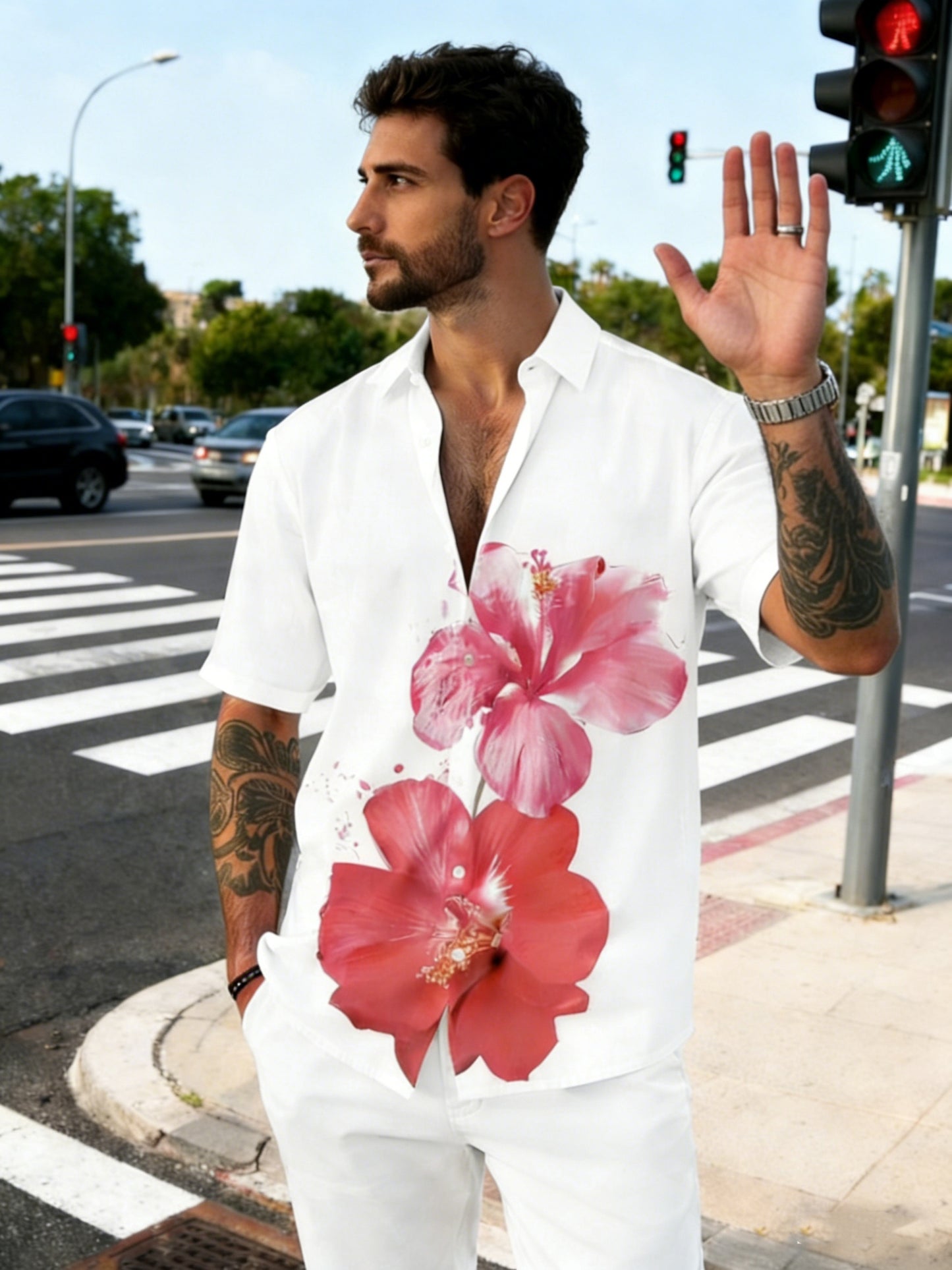 Chemise blanche à manches courtes pour homme, imprimée de fleurs d'hibiscus