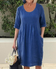 Robe unie à manches longues et col rond pour femme, avec poche