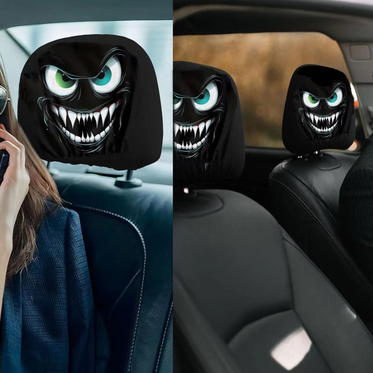 Lot de 2 housses d'appuie-tête noires imprimées pour voiture