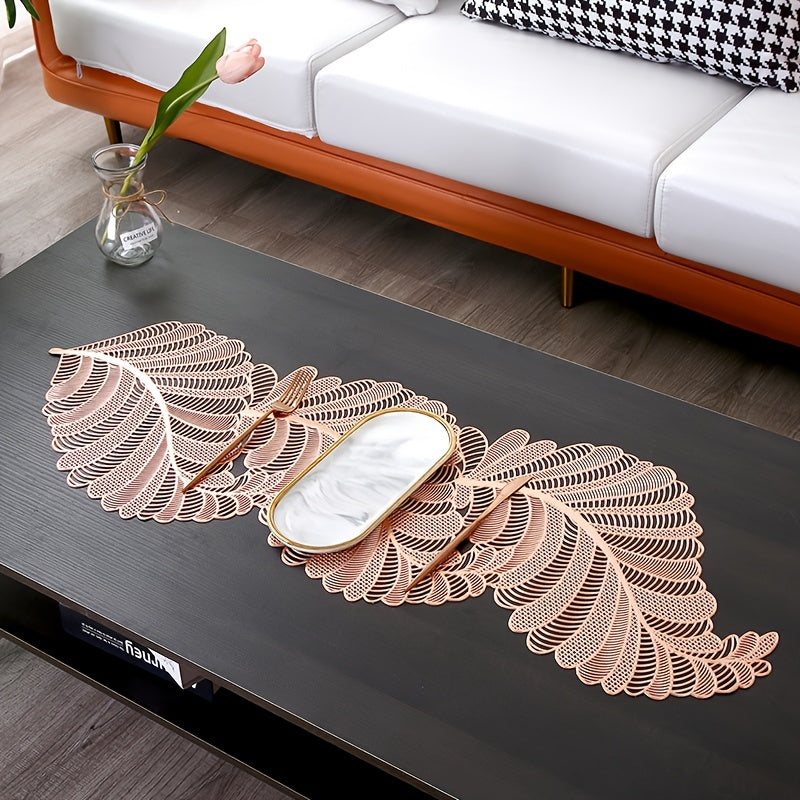 Leaf-Shaped PVC Hollow-Out Golden Stamping Non-Slip Table Runner - Decorative Plastic Table Runner 1pc for Dining and Coffee Table - Topdecheztop.fr