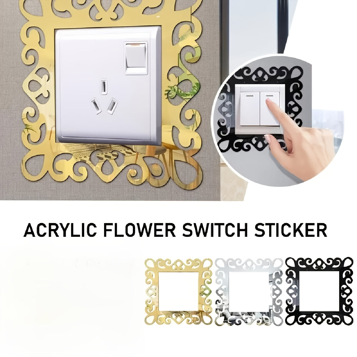 Lot de 4 autocollants décoratifs en acrylique dentelle à goutte d'eau avec cadre floral pour interrupteur, autocollants miroir décoratifs, autocollants dentelle pour interrupteur, autocollants muraux décoratifs miroir pour interrupteur, adaptés pour la décoration d'interrupteurs de salon et de