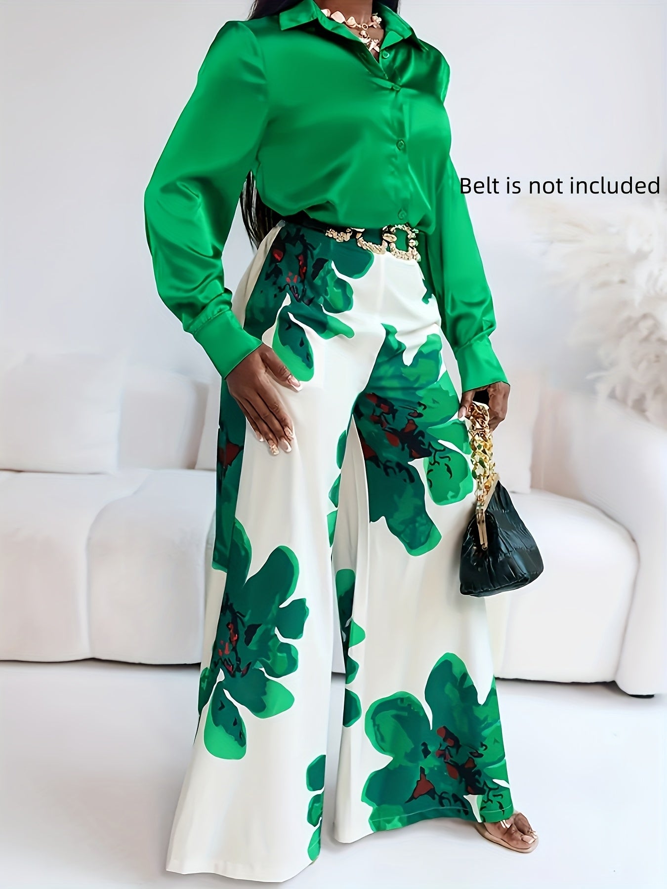 Ensemble deux pièces : chemise à manches longues et pantalon large à imprimé floral décontracté, ceinture non incluse