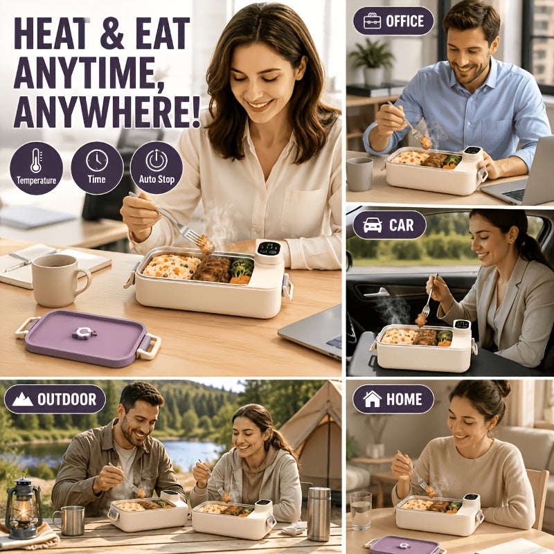 Boîte à déjeuner chauffante, Chauffe-repas, Réglable de 30 à 80°C, Chauffage rapide, Chargement USB, Grande capacité de 900 ml, Acier inoxydable 304, Portable et amovible, Affichage de la puissance, Fonction minuterie, pour camion, bureau, pique-nique de camping, Boîte bento chauffante, Cadeau de