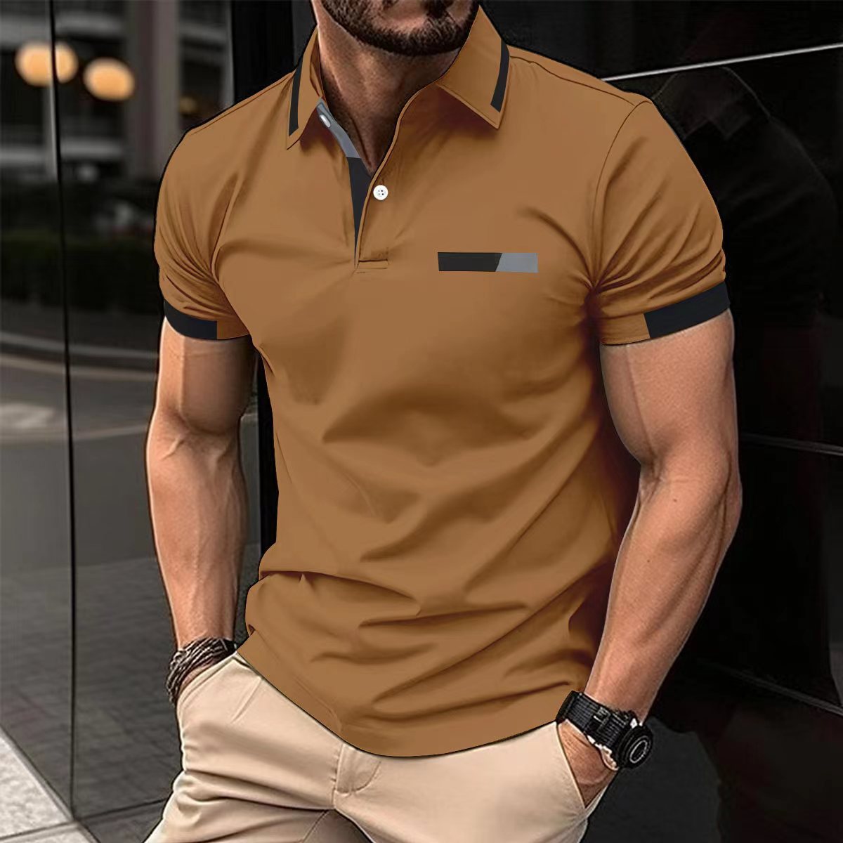 Polo décontracté pour homme, fausse poche poitrine, revers boutonné, style business
