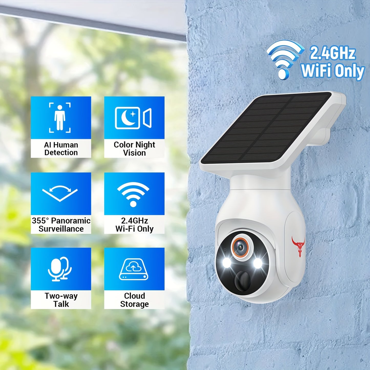 Caméra de sécurité extérieure sans fil avec panneau solaire, caméra WiFi pour la sécurité de votre domicile avec vision nocturne couleur 1080p