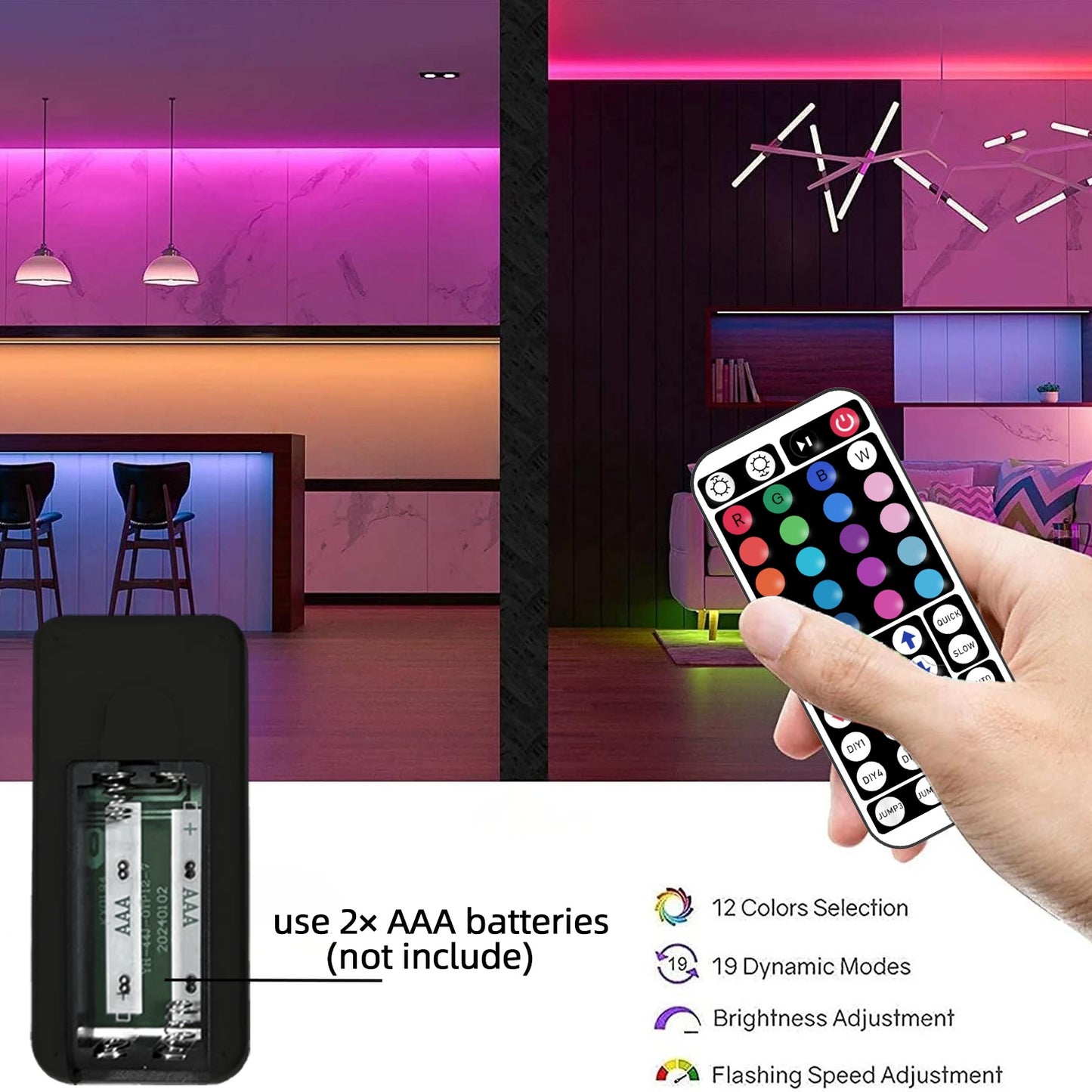 Bande LED RGB de 1 à 30 m pour chambre, avec télécommande 44 touches