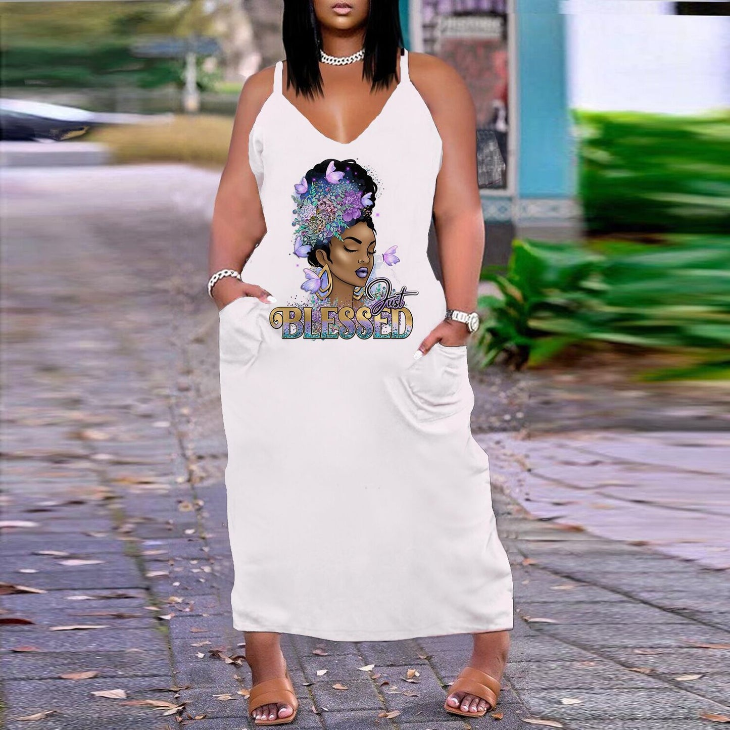 Robe imprimée sexy à col en V, coupe ample et ajustée, grande taille, style européen et américain