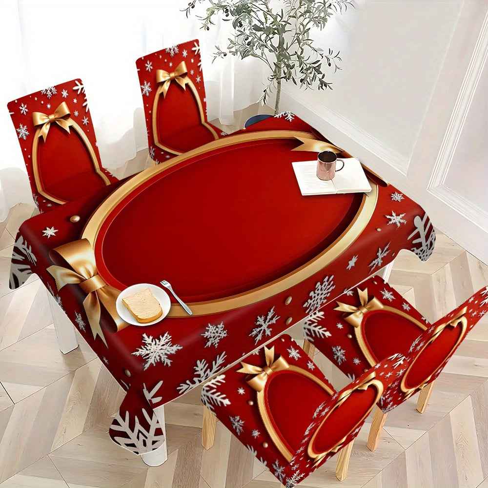 Tablecloth and chair set, 5pcs/7pcs, includes four chair covers and one tablecloth (7pcs) or six chair covers and one tablecloth, high-end design with simple style, Golden round border, snowflake and bow pattern decoration, s