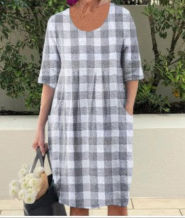 Robe unie à manches longues et col rond pour femme, avec poche