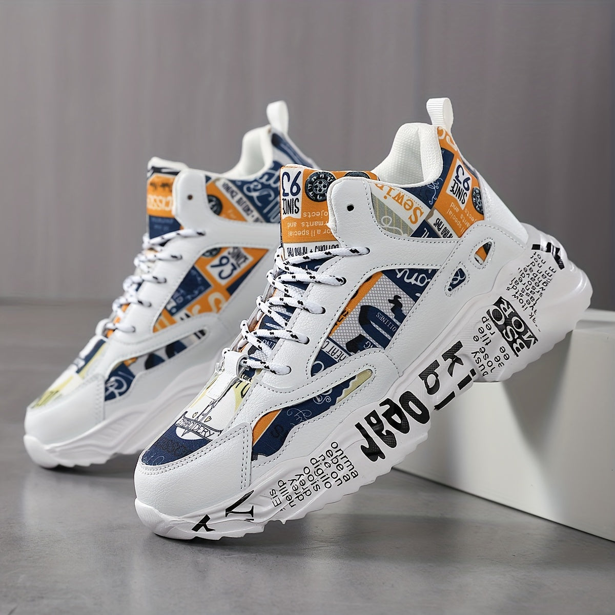 Trendy Graffiti Print Faux Leather Heighten Chunky Sneakers, Wear Resistance Non Slip Shock Absorption Sneakers, Casual Versatile Outdoor Sports Running Shoes Dad Shoes For Women & Men - Topdecheztop.fr