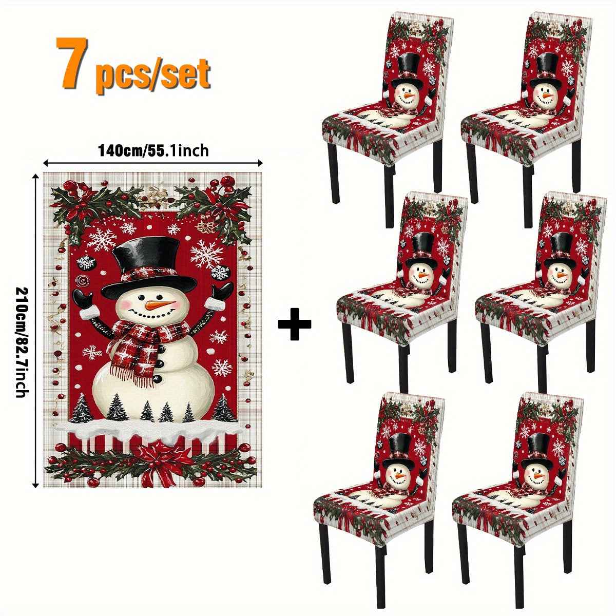 , 5/7pcs Christmas Snowman Snowflake Element Rectangular Tablecloth + Chair Cover Set, All-Polyester Peach Skin Fabric Tablecloth, Removable Chair Cover, Suitable for Family Restaurant, Living Room, Kitchen, Home, Hotel Daily