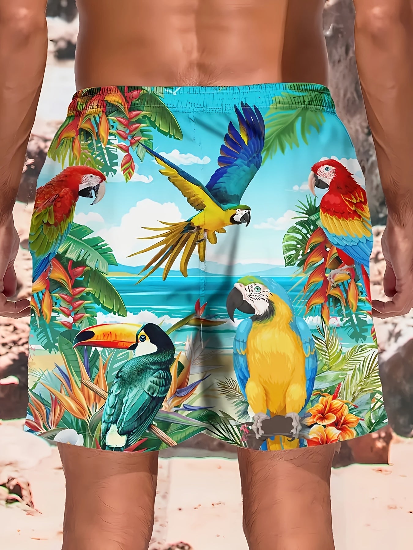 Short de plage homme élégant à imprimé perroquet - Design 3D