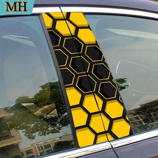 2pcs high quality car stickers, cool yellow honeycomb pattern door pillar stickers, self-adhesive waterproof vinyl semi-matte B-pillar protective film for B-pillar exterior accessories
