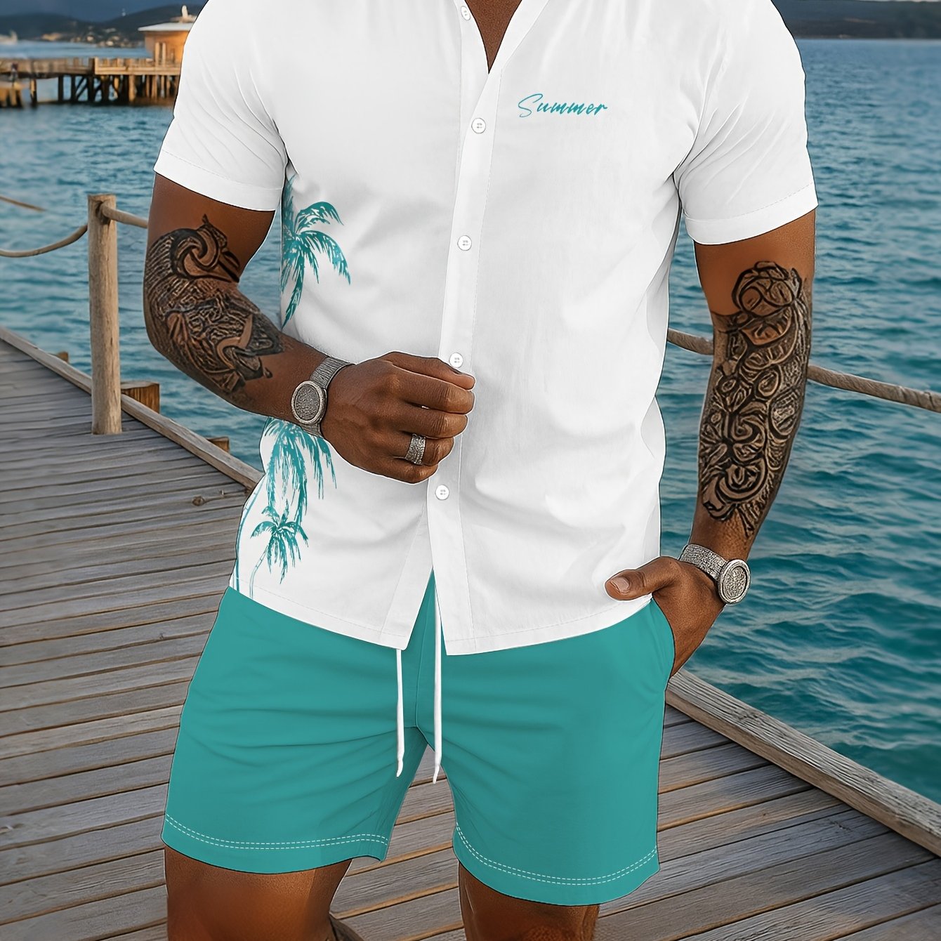 Ensemble chemise à manches courtes imprimée et short