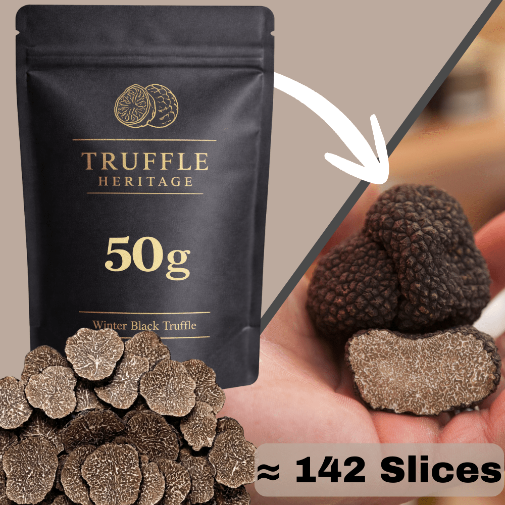Tranches de Truffes Noires d'Hiver Déshydratées ◈ 50 grammes ◈ Truffe 100% Naturelle ◈ Qualité Premium ◈ Sans additifs ou conservateurs ◈ Séchage à Air Basse Température = Saveurs Préservées & Longue Conservation ◈ Réhydratation Rapide : Moins de 10 Minutes