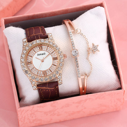 Montre,Bracelet en diamant pour femme, ensemble deux pièces MARRON