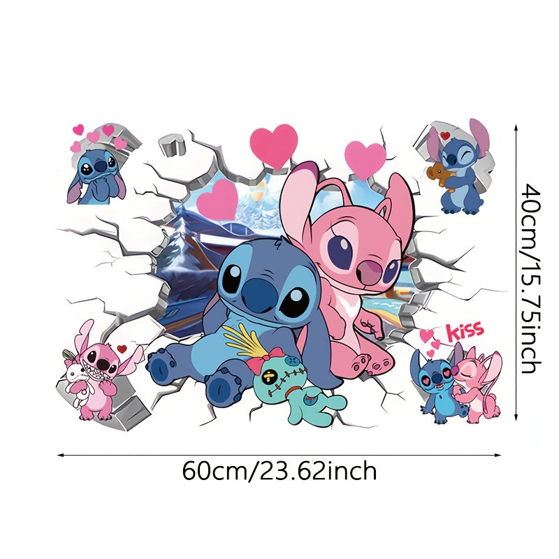 Stitch & Angel Heart Break Wall Decal - Large Waterproof PVC Sticker, Perfect for Bedroom & Playroom Decor, Featuring Beloved Cartoon Characters with Love Theme - Topdecheztop.fr