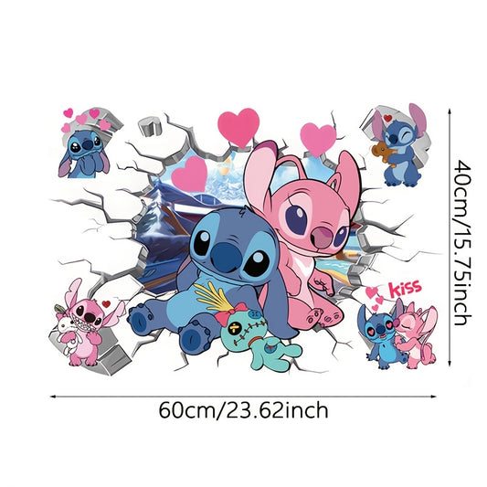 Stitch & Angel Heart Break Wall Decal - Large Waterproof PVC Sticker, Perfect for Bedroom & Playroom Decor, Featuring Beloved Cartoon Characters with Love Theme - Topdecheztop.fr