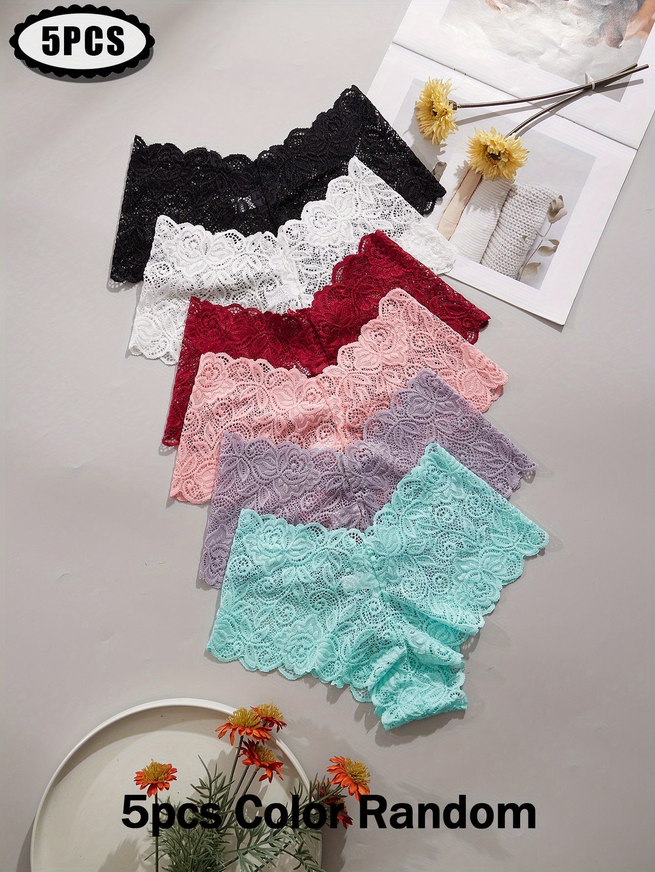 Lot de 5 culottes en dentelle taille basse pour femme, de couleurs aléatoires