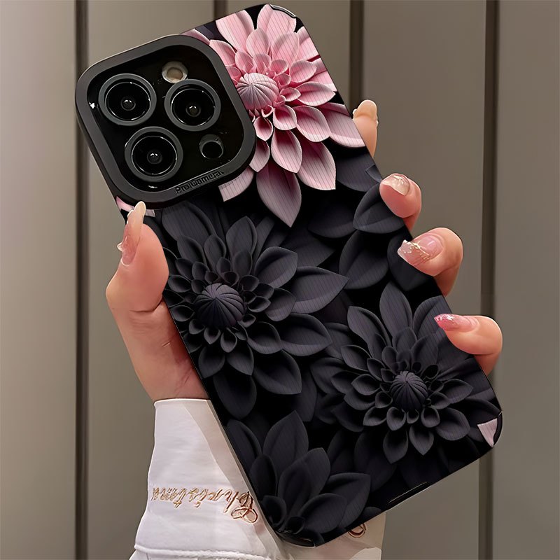 Coque de téléphone à motif floral 3D rose et noir pour les modèles d'iPhone