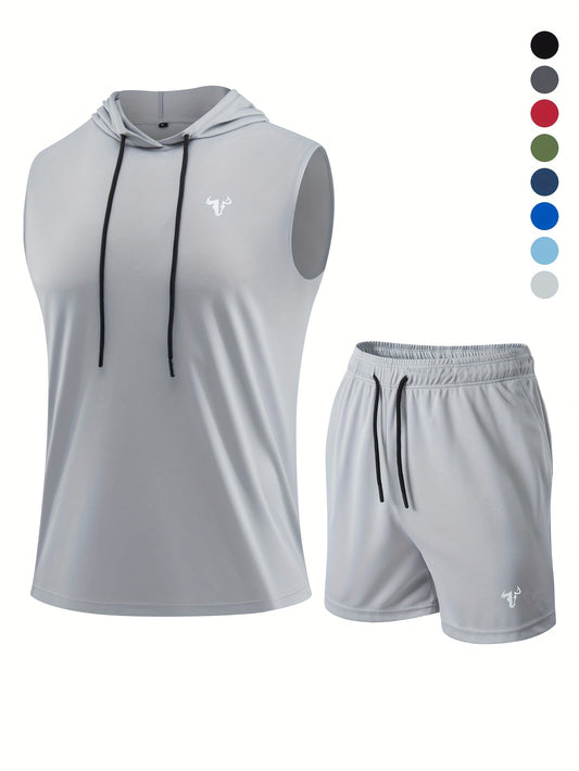 2pcs Men's Casual Sportswear Set, Drawstring Hooded Vest and Soft Comfortable Outdoor Pants, Polyester Knit Fabric - Cool, Breathable, Quick-Dry, Soft & Cozy Multifunctional Gym Wear for Daily Workouts, Running, Cycling, Fish - Topdecheztop.fr