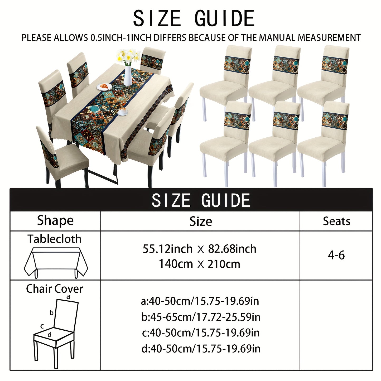 7 pièces Superbe ensemble de nappe rectangulaire + housse de chaise