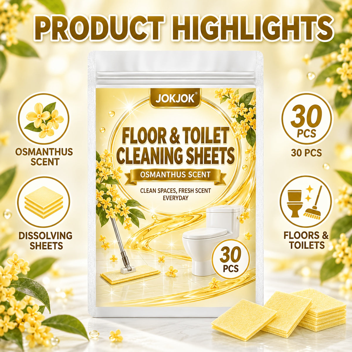 JOKJOK Feuilles de Nettoyage Premium pour Sol et Toilettes 30 pièces, Pastilles de Nettoyage Effaçables Parfumées à l'Osmanthus, Une Feuille par Seau d'Eau, Éliminent les Taches et les Odeurs, Feuilles de Nettoyage Multi-Surfaces pour Carrelage, Parquet, Salle de Bain
