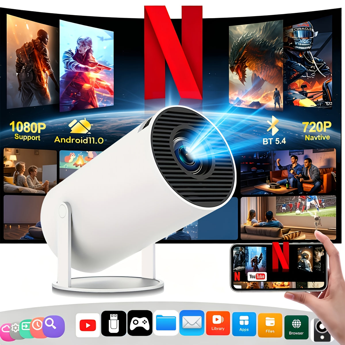 Projecteur Portable Intelligent Hy300Pro, Local 720P HD, Système Android 11, Wifi6 et Wireless 5.3, Support Rotatif à 180°, Projecteur Home Cinéma