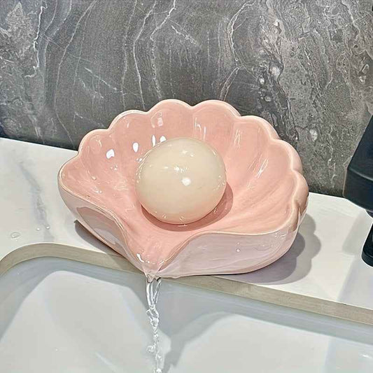 Light Luxury Bathroom Soap Dish, Shell Soap Holder with Drainage System for Creative Sink Organization and Storage, Space-Saving Bath Accessory Organizer, Multi-Functional Soap Dispenser and Sponge Caddy, Decorative Shower Sh