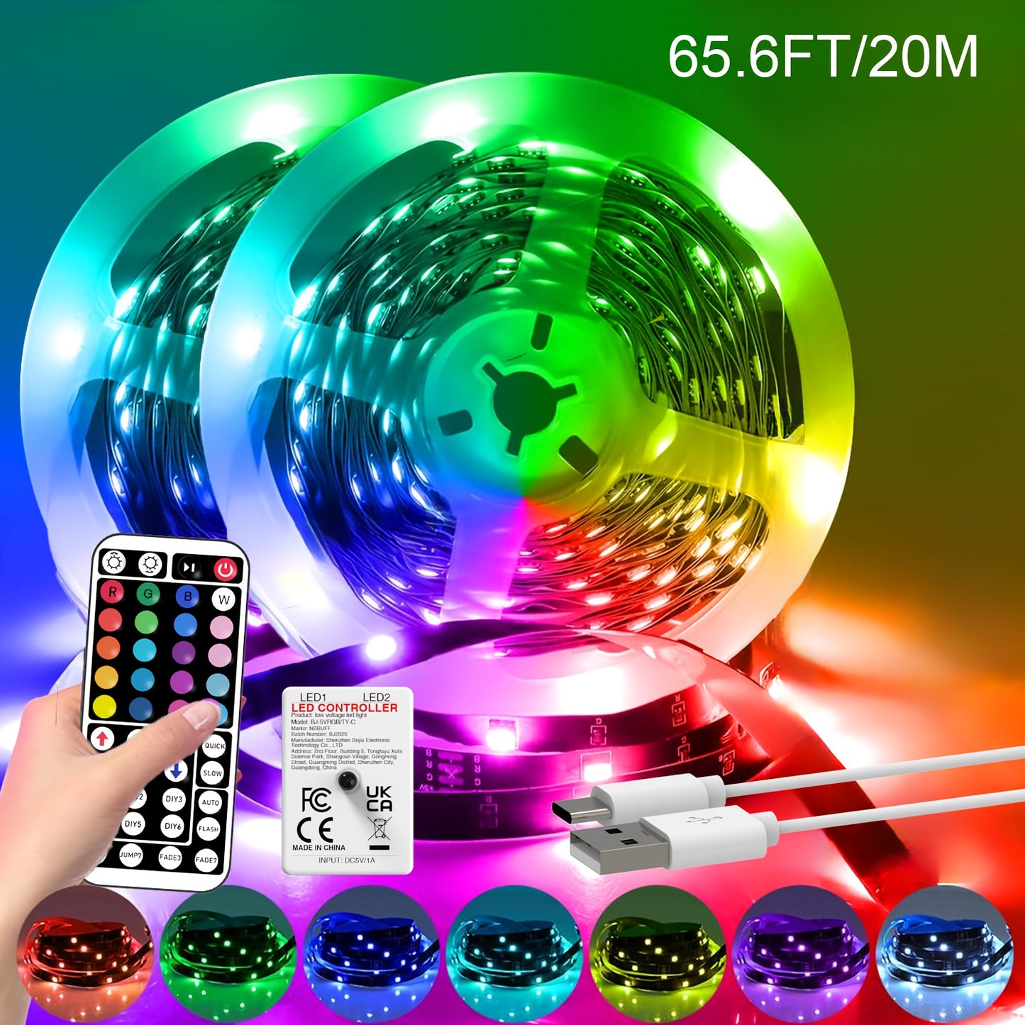 Bande LED RGB de 1 à 30 m pour chambre, avec télécommande 44 touches