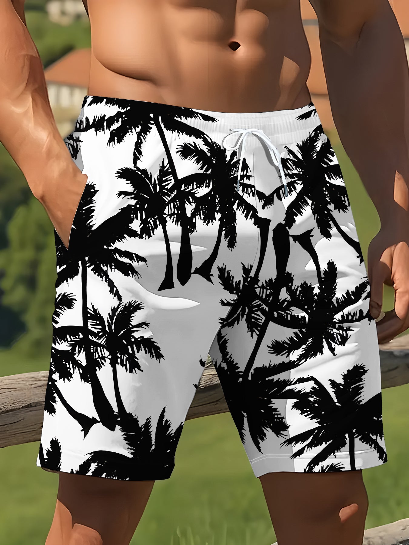 Short décontracté pour homme orné d'un motif de cocotier noir sur fond blanc