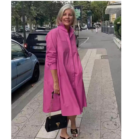 Chemise femme à manches longues, couleur unie, robe mi-longue simple