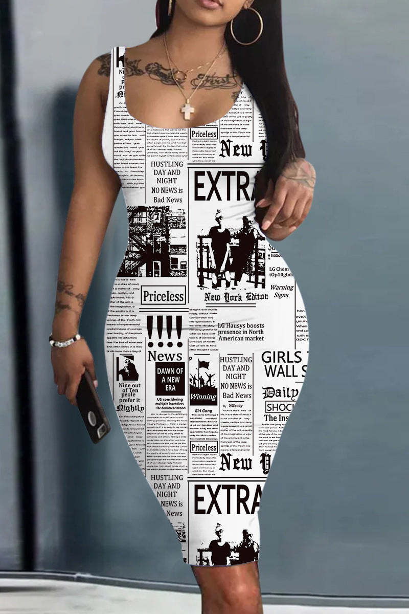 Robe ample à imprimé numérique pour femme, sans manches, col rond, coupe ajustée