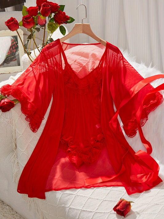 Ensemble de lingerie en dentelle contrastée unie, body et peignoir à col en V - Topdecheztop.fr