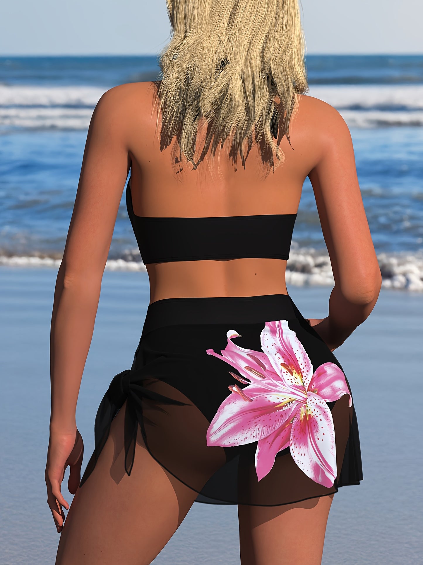 Ensemble bikini deux pièces pour femme, imprimé floral rose et lys