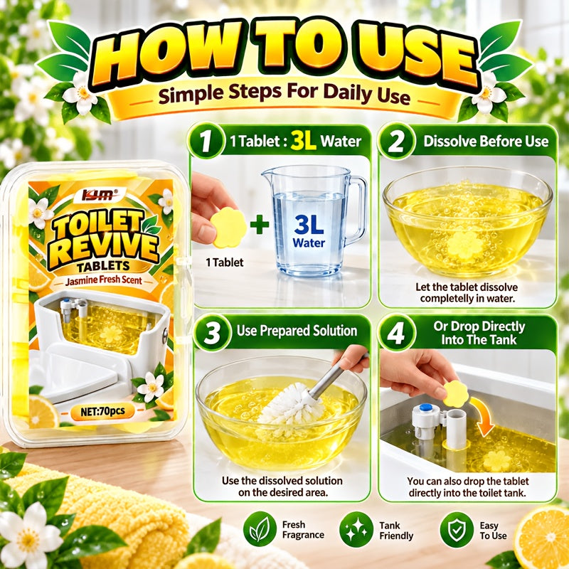 Pastilles de nettoyage pour toilettes 70pcs - Jasmin pour un parfum frais, pastilles de nettoyage pour cuvette de toilette, pastilles effervescentes pour le réservoir de toilette pour un entretien de salle de bain frais