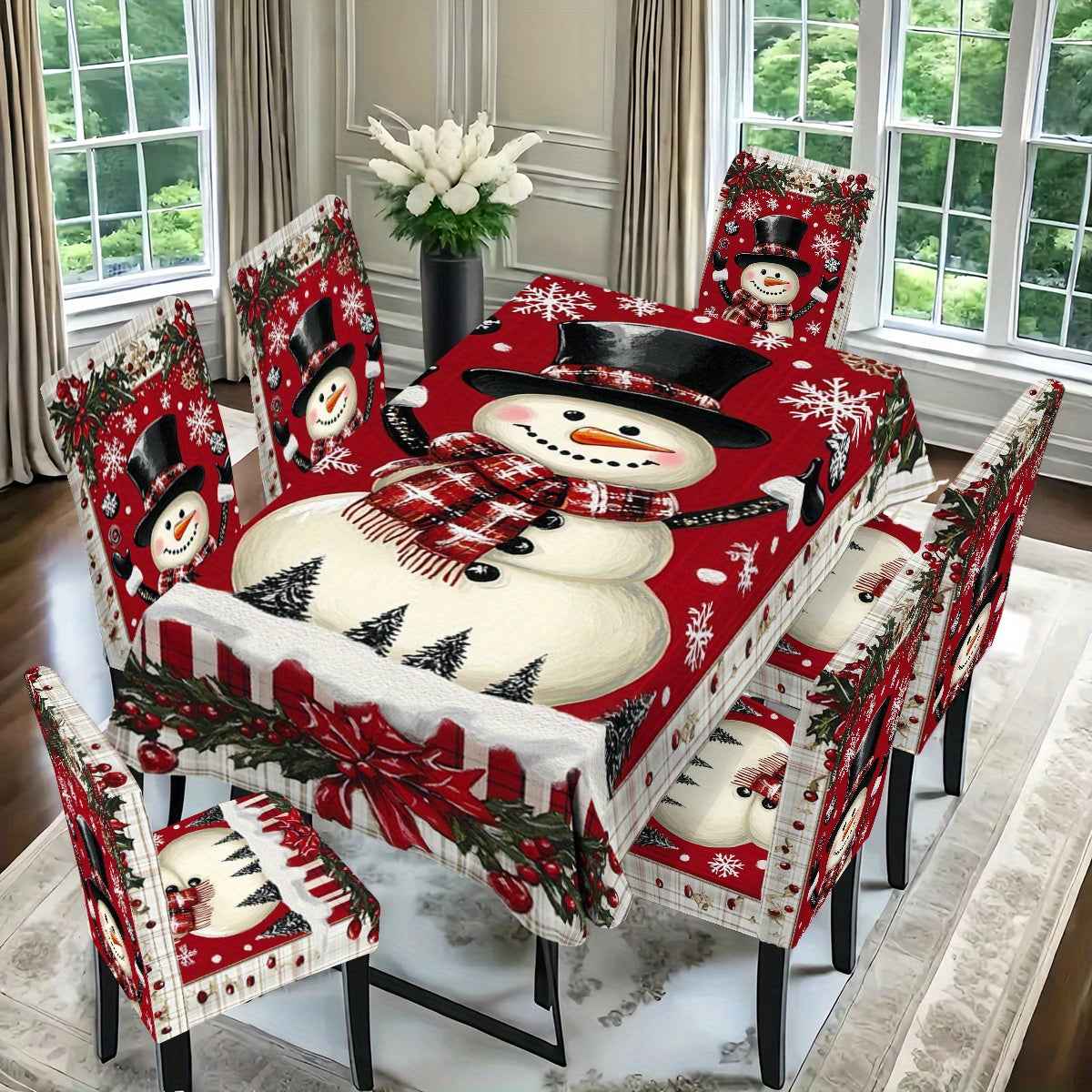 , 5/7pcs Christmas Snowman Snowflake Element Rectangular Tablecloth + Chair Cover Set, All-Polyester Peach Skin Fabric Tablecloth, Removable Chair Cover, Suitable for Family Restaurant, Living Room, Kitchen, Home, Hotel Daily