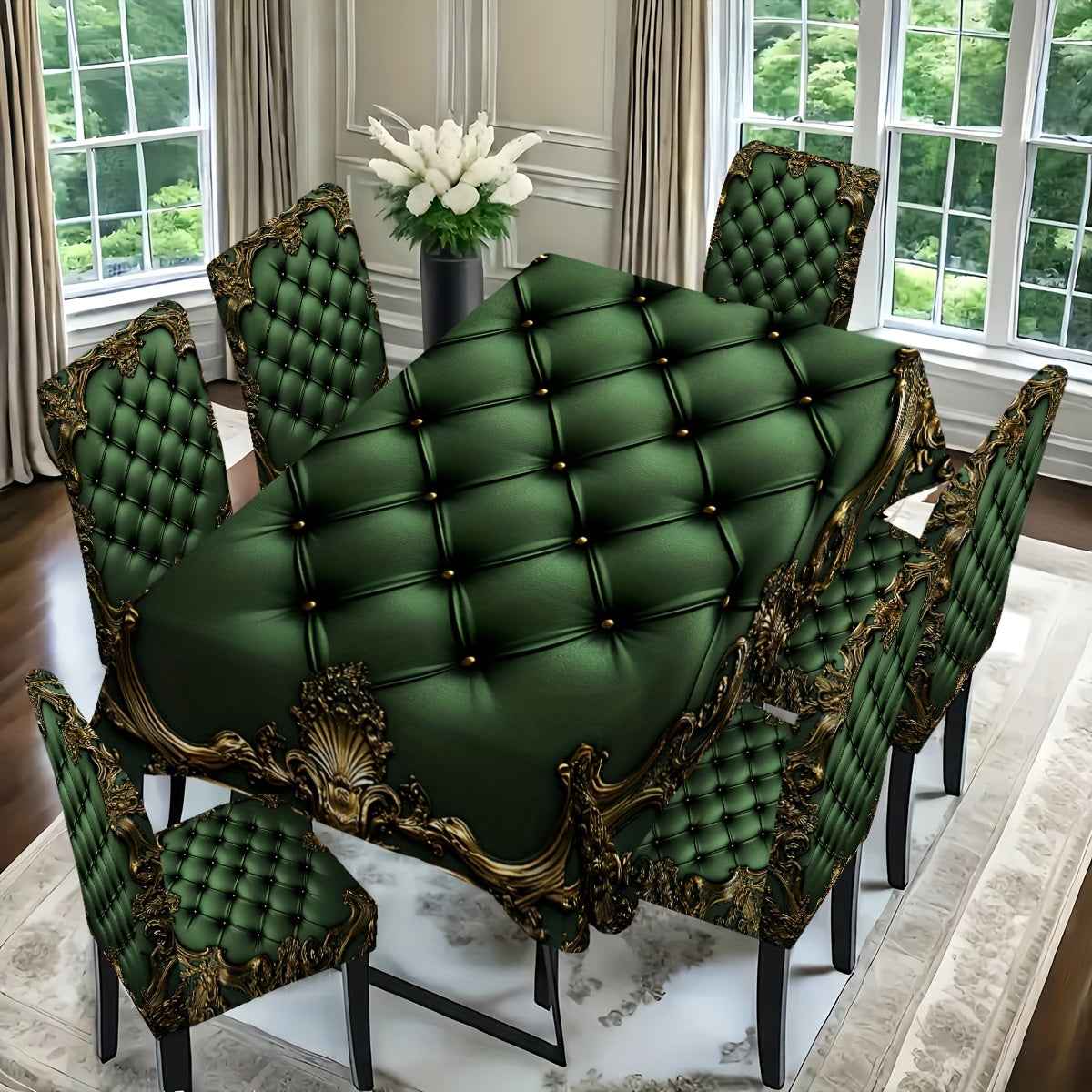 , 5/7pcs Gorgeous High-End Diamond Leather Three-Dimensional Golden Carved Border Pattern Printed Rectangular Tablecloth + Chair Cover Set, All-Polyester Peach Skin Fabric Tablecloth, Removable Chair Cover, Suitable for Famil