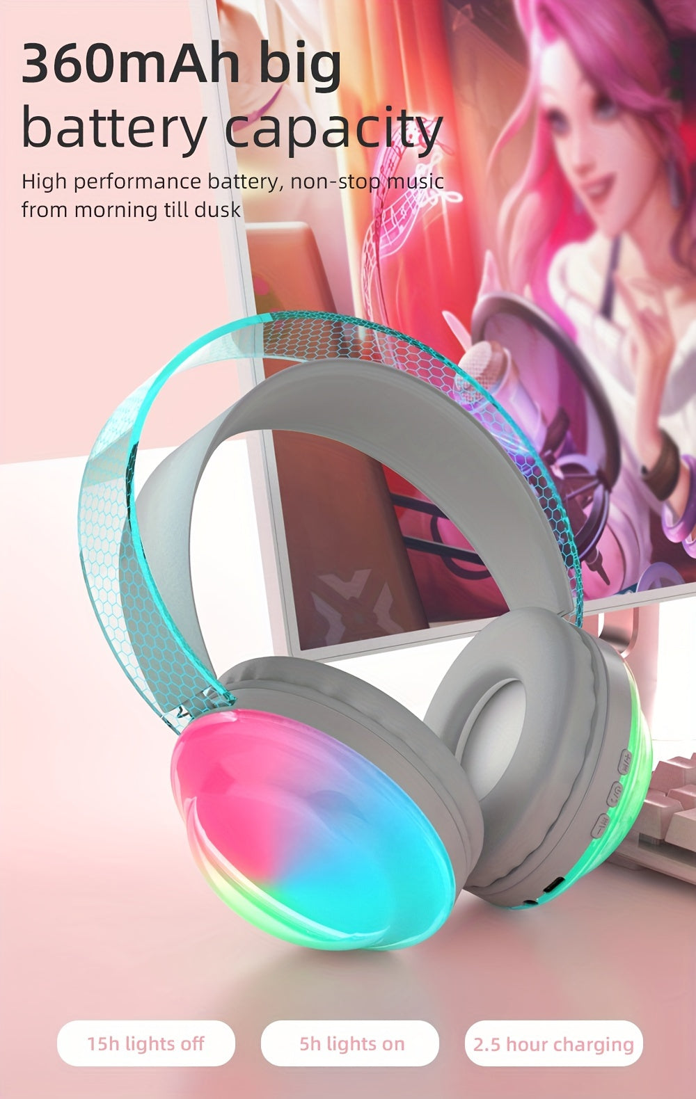 Casque sans fil léger 5.3 + EDR, casque circum-aural sans fil avec micro et lumières