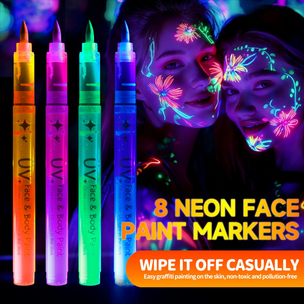 Stylo de peinture lumineux 8 couleurs, stylo de maquillage graffiti lavable